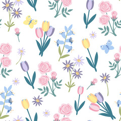 Fototapeta na wymiar Seamless pattern of tulip, rose, purple daisy and blue bell flower on white background. Simple floral pattern in flat style.