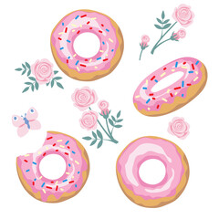 Set of donut with pink icing and sprinkles and rose flower. Cartoon style.