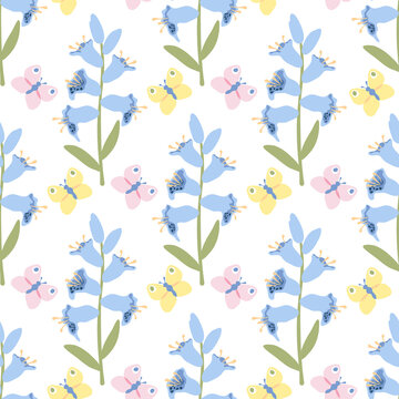 Blue bell flower and colorful butterfly on white background. Seamless pattern. Floral pattern with campanula. Flat style.