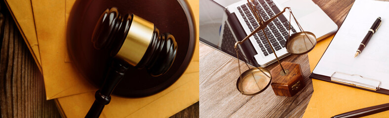 justice and law concept.Male judge in a courtroom on wooden table and Counselor or Male lawyer working in office. Legal law, advice and justice concept.