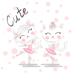 Cute dancing cat in a pink dress on blue background. Ballerina love dancing.