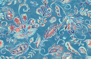 Paisley watercolor floral pattern tile: flowers, flores, tulips, leaves. Oriental indian traditional hand painted water color whimsical seamless print, ceramic design. Abstract india batik background