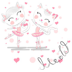 cute white cartoon cat in ballet tutu, kitty girl in a pink skirt