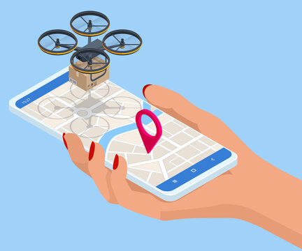 Isometric Drone delivery, Logistics and Delivery concept. Delivery home and office. Tracking delivery service online. City logistics.