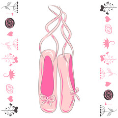 Hanging pink ballet shoes illustration made in outline style