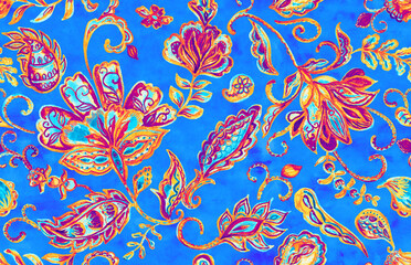 Paisley watercolor floral pattern tile: flowers, flores, tulips, leaves. Oriental indian traditional hand painted water color whimsical seamless print, ceramic design. Abstract india batik background