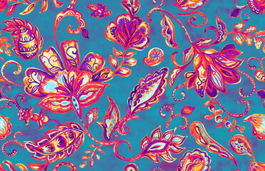 Paisley watercolor floral pattern tile: flowers, flores, tulips, leaves. Oriental indian traditional hand painted water color whimsical seamless print, ceramic design. Abstract india batik background