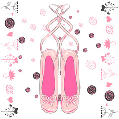 Hanging pink ballet shoes illustration made in outline style