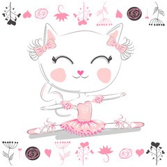 Cute dancing cat ballerina in tutu. Cartoon hand drawn.