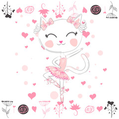 cat in a crown, pink ballet tutu. Isolated objects on white background.