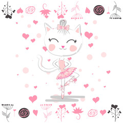 cat in a crown, pink ballet tutu. Isolated objects on white background.