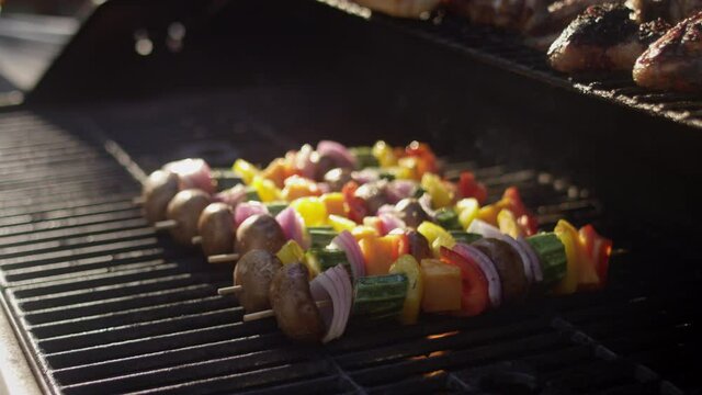 Slow motion shot of gorgeous skewered vegetables on the grill