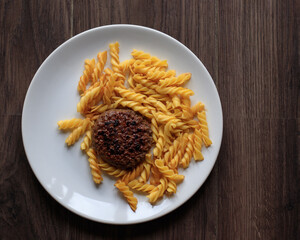 Pasta with beef cutlet, grilled meat