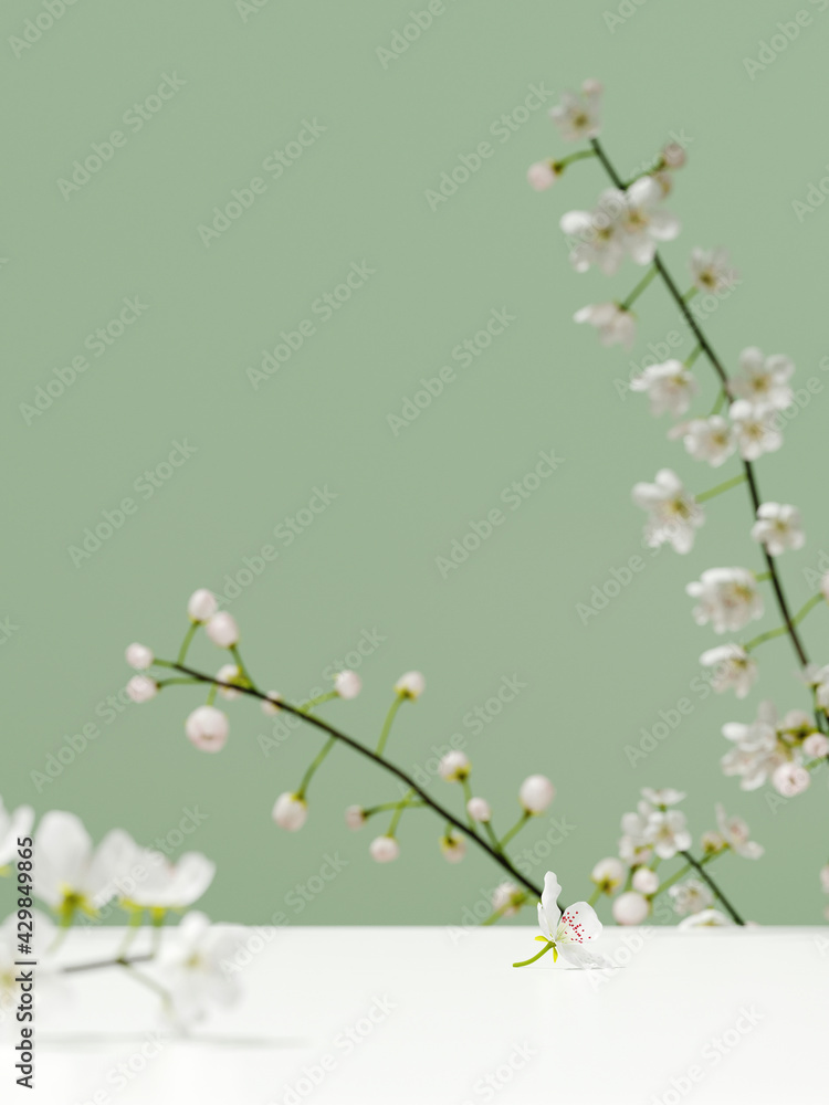 Poster minimal cosmetic background for product presentation. white platform and flower on green background 