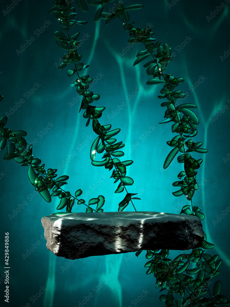 Poster underwater mockup concept for product presentation. cobblestone podium and crystal seaweed with wate