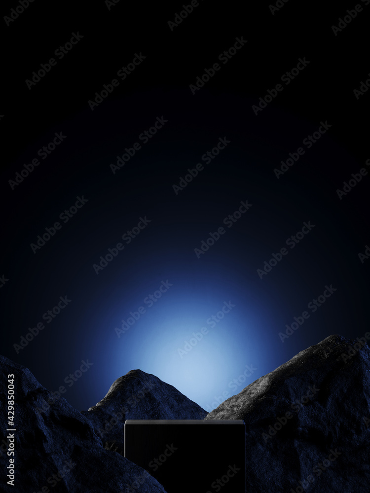 Poster summer mockup concept for product presentation. stone podium on dark blue background. clipping path 