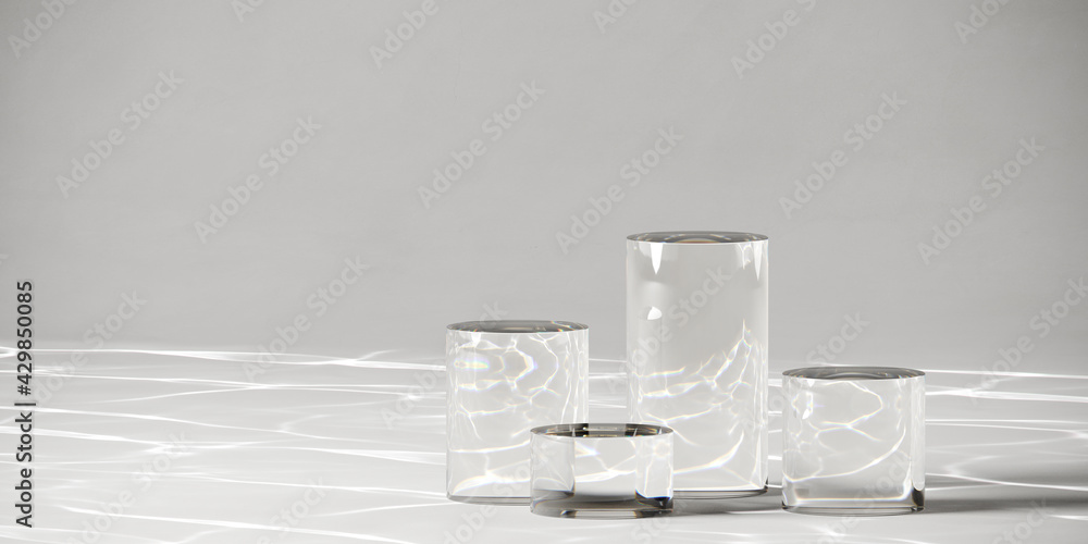 Aufkleber minimal mockup concept for product presentation. clear acrylic podium with water caustic on white ba