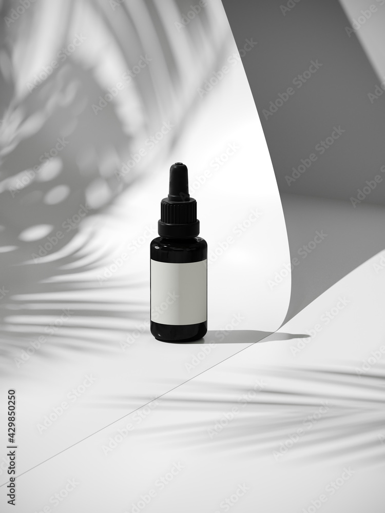 Wall mural Summer mockup concept for product presentation. White paper roll and cosmetic bottle with palm leaf shadow. Clipping path of each element included. 3d rendering illustration. 