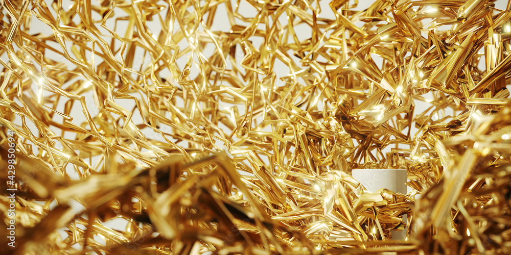 Poster abstract mockup concept for product presentation. golden foil and white podium on white background. 