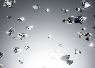 Luxury mockup concept for product presentation. Sparkling diamond on grey stucco background. Clipping path of each element included. 3d rendering illustration. 