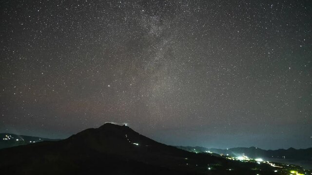 Landscape of Mount Batur Volcano and Lake in Kintamani, Bali, Indonesia - Nightscape Sky Starry Night Stars Milky Way Astro Time Lapse