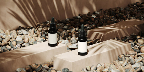 Summer mockup concept for product presentation. Cosmetic bottle, brown podium and pebble on brown stucco background. Clipping path of each element included. 3d rendering illustration. 
