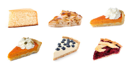 Set with pieces of different delicious pies on white background. Banner design