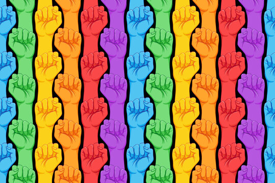 Striped hand showing fist raised up. Gay rights concept. Realistic style vector illustration in rainbow colors. LGBT logo symbols stickers seamless pattern. Colorful pride design.