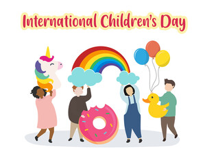 International Children’s Day Happy kids with Unicorn Rainbow Doughnut Balloon Duck illustration