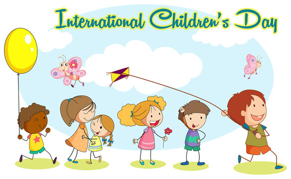 International Children’s Day Happy Kids Enjoying Playing Outdoor Kite Balloon Butterfly illustration