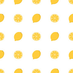Hand drawn seamless pattern with whole and sliced lemon. Surface pattern design.