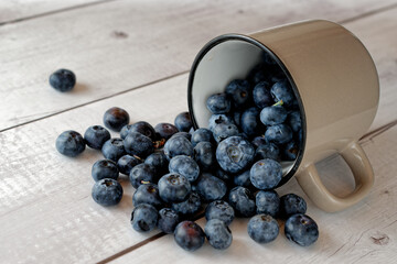 Close up of blueberries spilling out of overturned cup onto rough wooden table