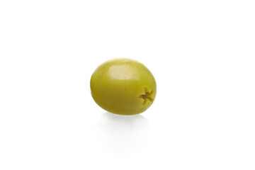 Green pitted olive isolated on white background. Healthy food concept.