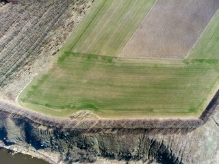 Aerial top view photo from flying drone of a land with sown green fields in countryside in spring day. Land with grown plants