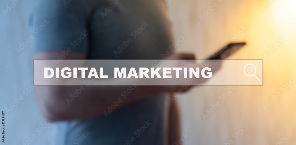 Poster text in the internet search - digital marketing, against the background of a man in a football shirt