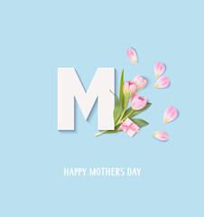 Mothers Day design template with white letter M, pink tulip bouquet, gift box and Happy Mother's Day greeting text. Holiday decorative elements. Vector stock illustration