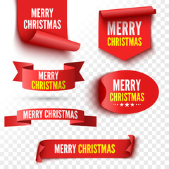 Christmas banners. Red ribbons, tags and stickers. Paper scrolls. Vector illustration.