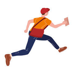 Postman running with bag delivering letter in envelope. Mailman in cap carrying mail, delivery service. Vector illustration