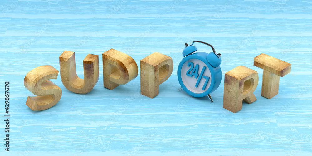Aufkleber support word with clock on wooden background. 3d rendering