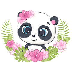 Cute little panda with wreath of hawaii flowers. Cartoon vector illustration.