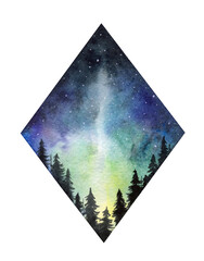 Watercolor card with the starry sky. Watercolor space