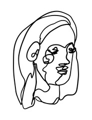 Contemporary abstract female face. Minimalistic elegant woman portrait. Hand drawn vector illustration. Continuous line drawing isolated on white. Modern style element for design, card, prints, decor.