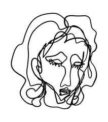 Contemporary abstract female face. Minimalistic elegant woman portrait. Hand drawn vector illustration. Continuous line drawing isolated on white. Modern style element for design, card, prints, decor.