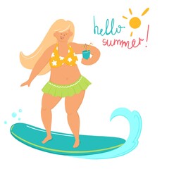 A cute girl in a swimsuit is riding a surfboard and holding a cocktail. Hello summer. Flat illustration 