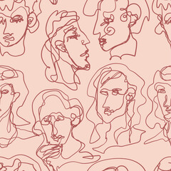 Contemporary abstract female faces. Minimalistic elegant women portraits. Vector seamless pattern. Continuous line art ornament. Modern design for wallpapers, print, textile, fabric, wrap, background.