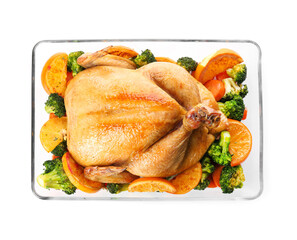 Roasted chicken with oranges and vegetables isolated on white, top view