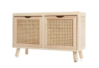 New wooden commode on white background. Interior element