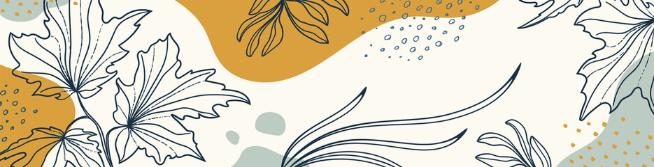 Botanical banner with organic shapes, leaves, branch and plants. Abstract natural elements in trendy doodle style for holiday, business. Simple, minimal design. Modern trendy vector background