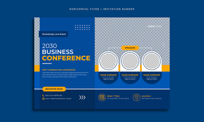 Conference flyer and invitation banner template design. Annual corporate business workshop, meeting & training promotion poster. Online digital marketing horizontal cover layout with logo & icon.     - obrazy, fototapety, plakaty