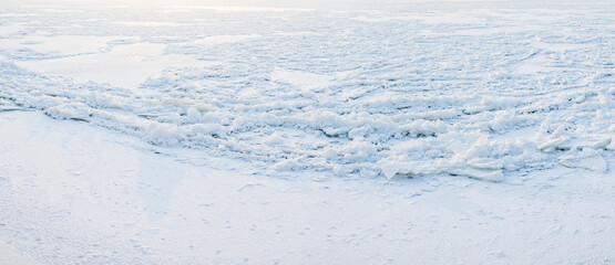 Cracked Ice On The River. Natural Landscape. Large Panorama. Background Series.
